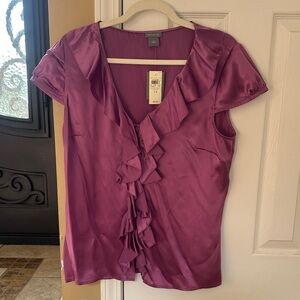 Ann Taylor Satin Plum Blouse with Ruffles; Size 14